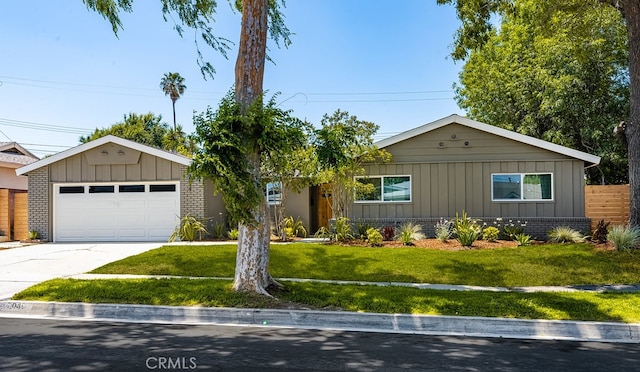 2049 Wickshire Ave, Hacienda Heights, CA 91745 - ranch-style home with a front lawn, board and batten siding, concrete driveway, and brick siding