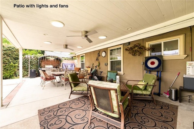 10500 Jordan Ave, Chatsworth, CA 91311 - view of patio / terrace featuring outdoor dining area, fence, and a ceiling fan