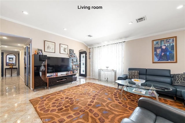 10500 Jordan Ave, Chatsworth, CA 91311 - living room with arched walkways, ornamental molding, recessed lighting, and marble tiled flooring