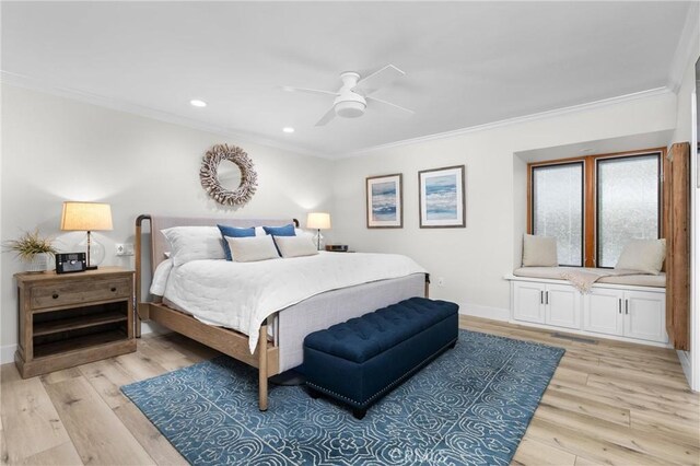 3080 Studio Dr, Cayucos, CA 93430 - bedroom featuring ornamental molding, light wood-type flooring, recessed lighting, baseboards, and a ceiling fan
