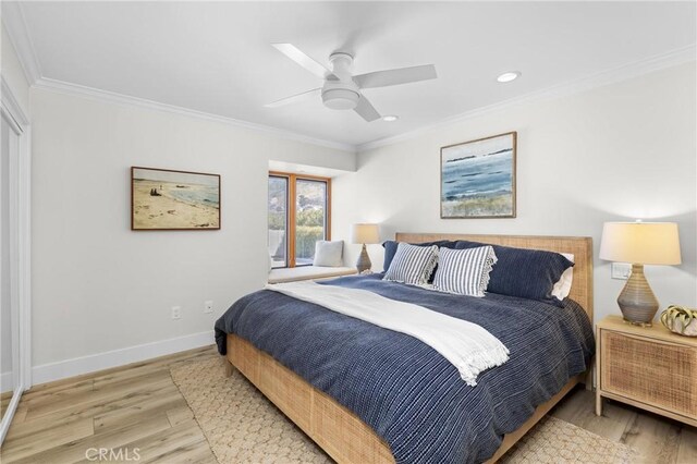 3080 Studio Dr, Cayucos, CA 93430 - bedroom with crown molding, wood finished floors, baseboards, ceiling fan, and recessed lighting
