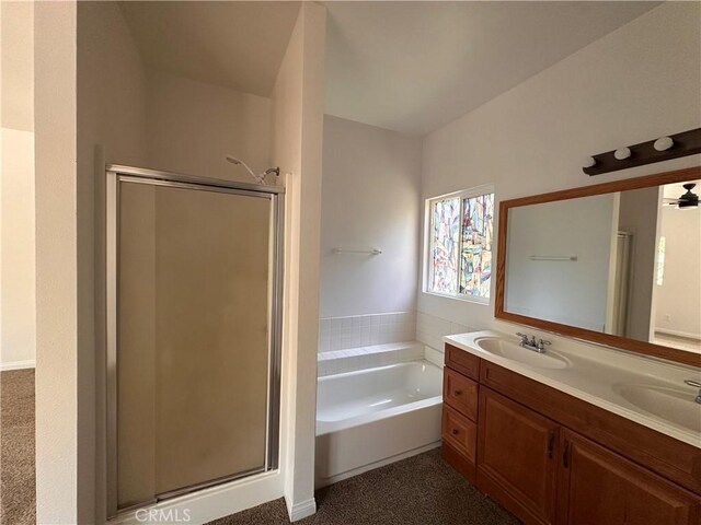 9345 Conifer Dr, Forest Falls, CA 92339 - full bath with a shower stall, a garden tub, and double vanity