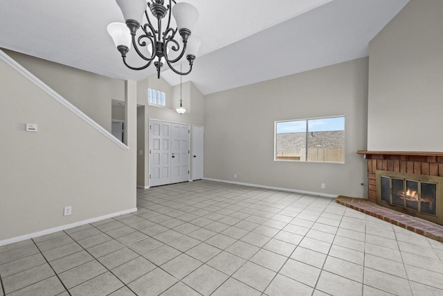 1561 Parkland Way, San Diego, CA 92114 - unfurnished living room featuring light tile patterned flooring, high vaulted ceiling, a chandelier, and a brick fireplace