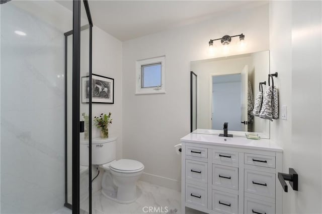 1105 Glenwood Ave, Chico, CA 95926 - full bathroom with marble finish flooring, toilet, a shower stall, vanity, and baseboards