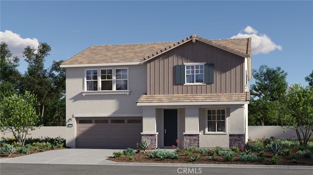 30025 Adrift Ln, Menifee, CA 92584 - view of front of house with an attached garage, fence, stone siding, concrete driveway, and stucco siding