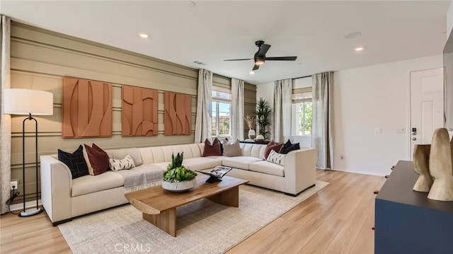 30025 Adrift Ln, Menifee, CA 92584 - living room featuring light wood-type flooring, a ceiling fan, and recessed lighting