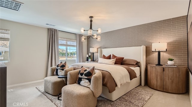 30025 Adrift Ln, Menifee, CA 92584 - bedroom featuring light carpet, a chandelier, brick wall, and baseboards