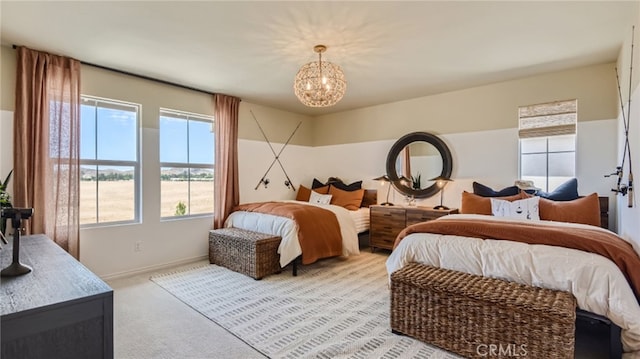 30025 Adrift Ln, Menifee, CA 92584 - bedroom featuring a chandelier, multiple windows, light carpet, and baseboards