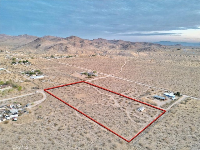 177 Cherokee Trl, Yucca Valley, CA 92284 - view of rural area featuring a desert landscape, property boundaries highlighted, and a mountain backdrop