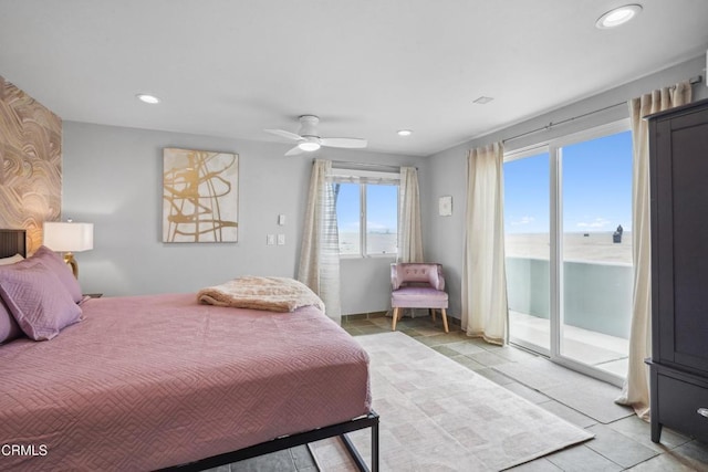 3903 Ocean Dr, Oxnard, CA 93035 - bedroom with access to outside, recessed lighting, light tile patterned floors, and ceiling fan