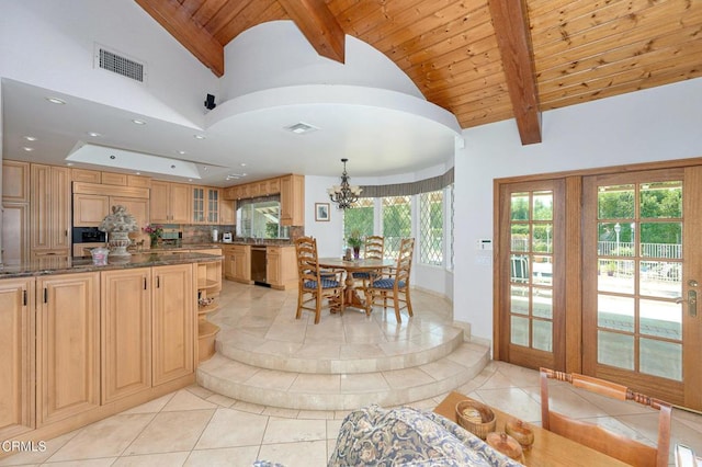 11616 E Las Posas Rd, Camarillo, CA 93012 - kitchen featuring light tile patterned floors, wooden ceiling, a chandelier, glass insert cabinets, and light brown cabinets