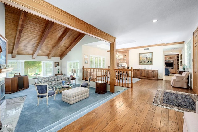 11616 E Las Posas Rd, Camarillo, CA 93012 - living room with a fireplace, wood-type flooring, healthy amount of natural light, wood ceiling, and recessed lighting