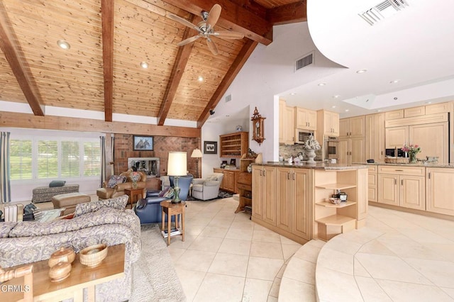 11616 E Las Posas Rd, Camarillo, CA 93012 - living area featuring light tile patterned floors, high vaulted ceiling, ceiling fan, wood ceiling with exposed beams, and recessed lighting