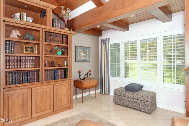 11616 E Las Posas Rd, Camarillo, CA 93012 - living area with wooden ceiling with exposed beams, baseboards, and light tile patterned flooring