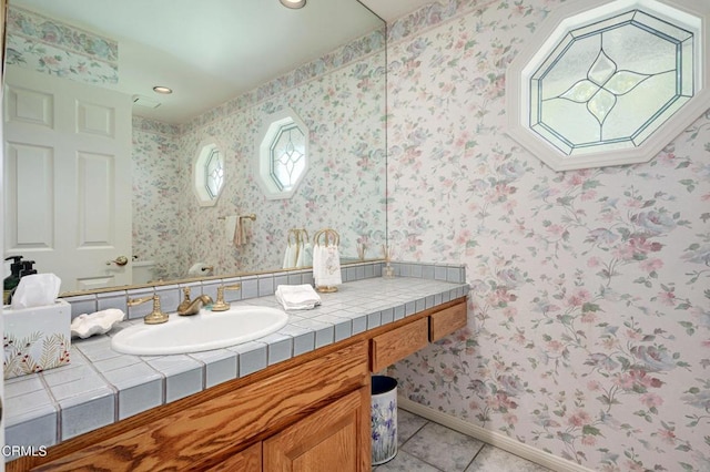 11616 E Las Posas Rd, Camarillo, CA 93012 - bathroom featuring wallpapered walls, vanity, tile patterned flooring, baseboards, and recessed lighting