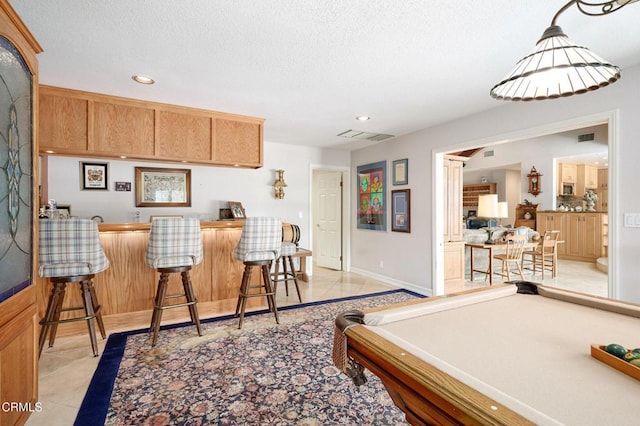 11616 E Las Posas Rd, Camarillo, CA 93012 - recreation room with recessed lighting, billiards table, a textured ceiling, bar area, and light tile patterned floors