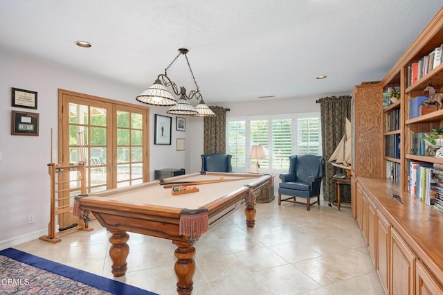 11616 E Las Posas Rd, Camarillo, CA 93012 - game room with french doors, light tile patterned flooring, billiards, recessed lighting, and baseboards