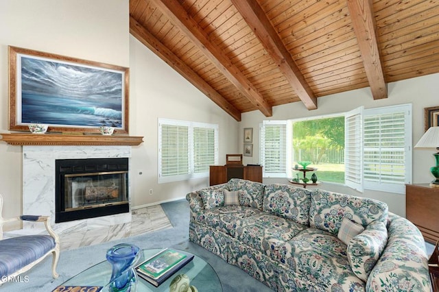 11616 E Las Posas Rd, Camarillo, CA 93012 - living room with wood ceiling, a premium fireplace, carpet flooring, and baseboards