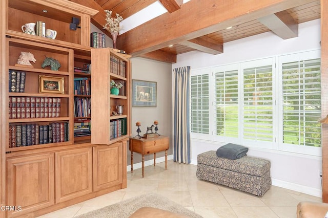 11616 E Las Posas Rd, Camarillo, CA 93012 - sitting room featuring wooden ceiling with exposed beams, baseboards, light tile patterned floors, and healthy amount of natural light