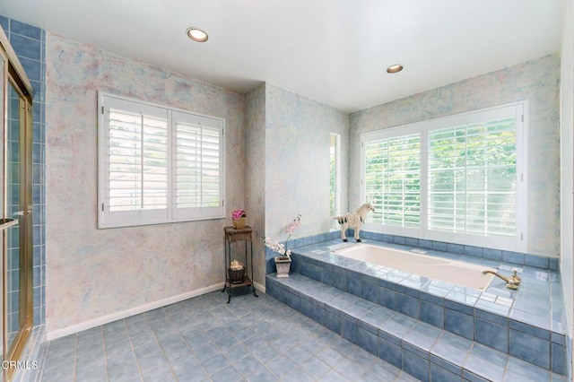 11616 E Las Posas Rd, Camarillo, CA 93012 - bathroom with a bath, recessed lighting, tile patterned floors, baseboards, and wallpapered walls