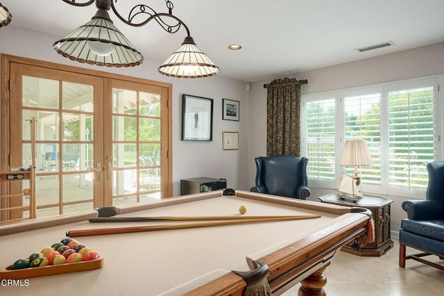 11616 E Las Posas Rd, Camarillo, CA 93012 - recreation room with pool table, french doors, recessed lighting, and light tile patterned floors