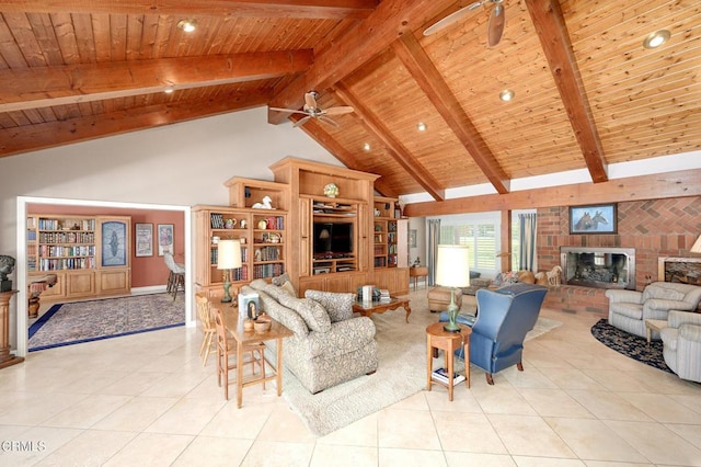 11616 E Las Posas Rd, Camarillo, CA 93012 - living area featuring wooden ceiling with exposed beams, light tile patterned floors, high vaulted ceiling, a brick fireplace, and a ceiling fan