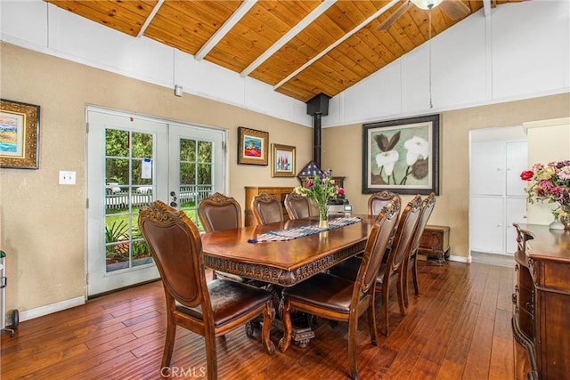 375 E County Line Rd, Calimesa, CA 92320 - dining space with a wooden ceiling with exposed beams, dark wood-style floors, french doors, and high vaulted ceiling