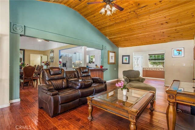 375 E County Line Rd, Calimesa, CA 92320 - living area with ceiling fan, high vaulted ceiling, hardwood / wood-style flooring, and wood ceiling