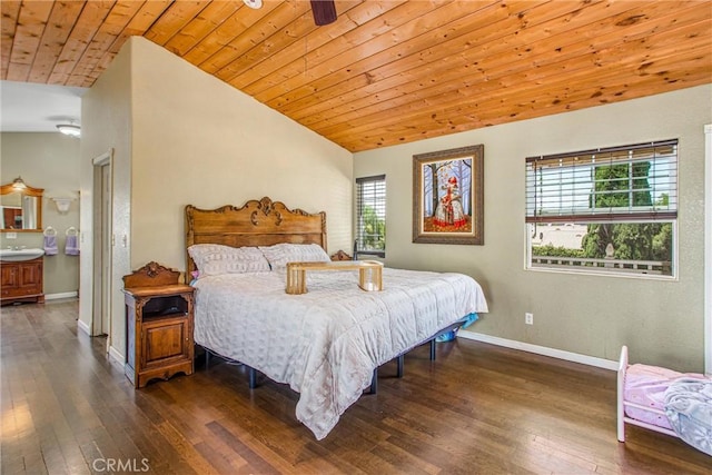 375 E County Line Rd, Calimesa, CA 92320 - bedroom featuring wooden ceiling, hardwood / wood-style flooring, lofted ceiling, and ensuite bath