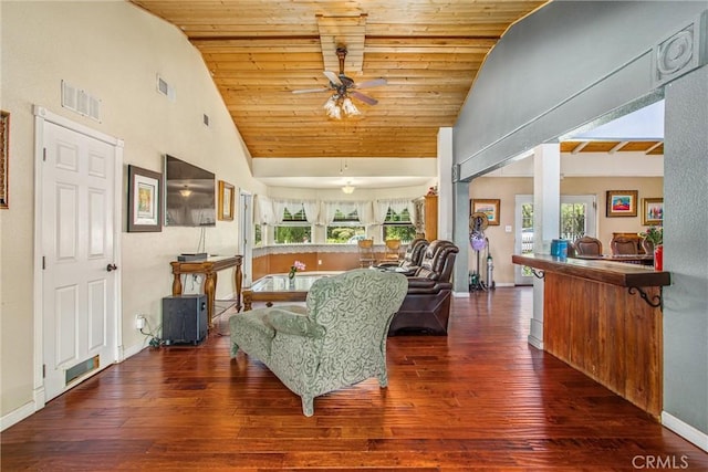 375 E County Line Rd, Calimesa, CA 92320 - living room with wood finished floors, ceiling fan, high vaulted ceiling, and wood ceiling