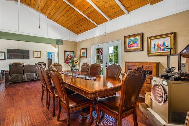 375 E County Line Rd, Calimesa, CA 92320 - dining space with wood ceiling, dark wood-style flooring, and french doors
