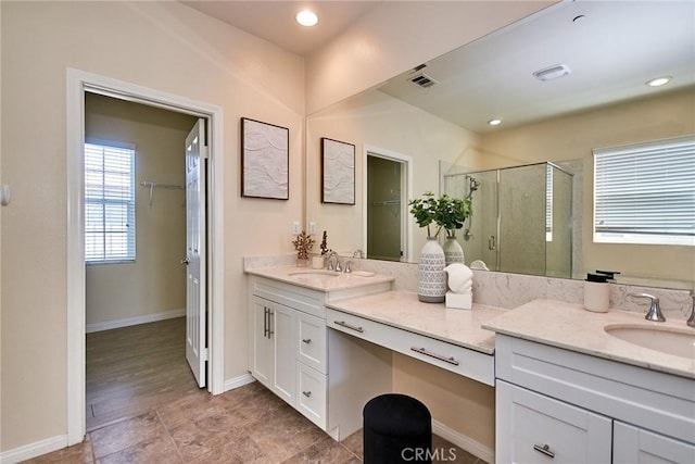 2910 E Via Terrano, Ontario, CA 91764 - bathroom featuring a shower stall, vanity, baseboards, recessed lighting, and tile patterned flooring