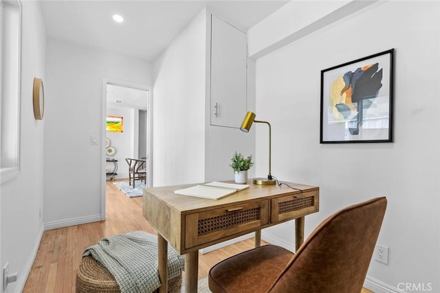 6454 Baird Ave, Reseda, CA 91335 - hallway with light wood-type flooring, baseboards, recessed lighting, and a desk