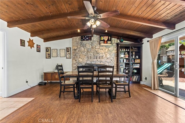63 Our Way, Chico, CA 95973 - dining space with wood finished floors, wooden ceiling, a ceiling fan, and baseboards