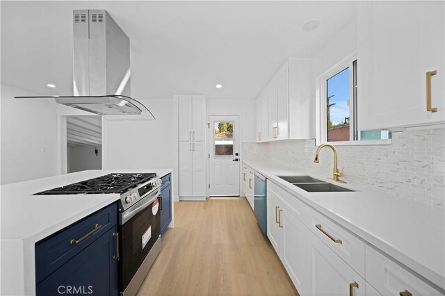 6916 Etiwanda Ave, Reseda, CA 91335 - kitchen featuring appliances with stainless steel finishes, a sink, blue cabinetry, island exhaust hood, and white cabinets