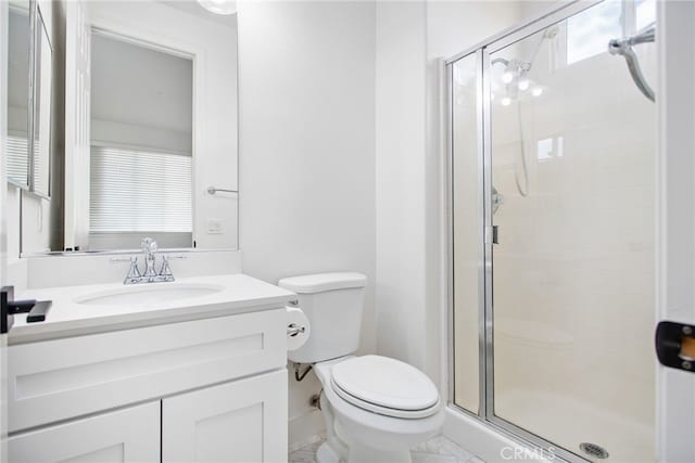 35987 Corte Renata, Murrieta, CA 92562 - bathroom with toilet, a stall shower, vanity, and marble finish floors