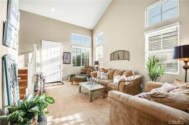 29288 Woodlea Ln, Menifee, CA 92584 - carpeted living area with high vaulted ceiling and stairway