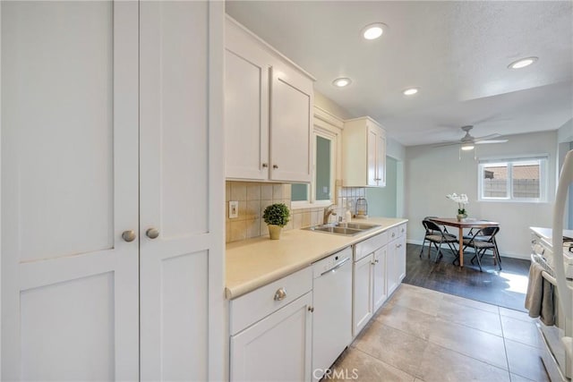 228 W Old Ml, Corona, CA 92882 - kitchen featuring white appliances, ceiling fan, decorative backsplash, recessed lighting, and light countertops