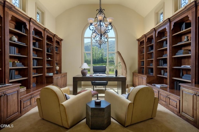 11113 Rocky High Rd, Santa Rosa, CA 93012 - office area with a chandelier, vaulted ceiling, carpet, and plenty of natural light