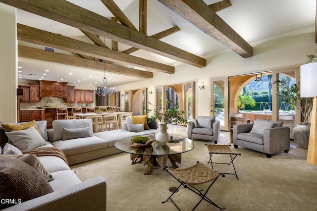 11113 Rocky High Rd, Santa Rosa, CA 93012 - living room featuring recessed lighting, a chandelier, beam ceiling, and light carpet