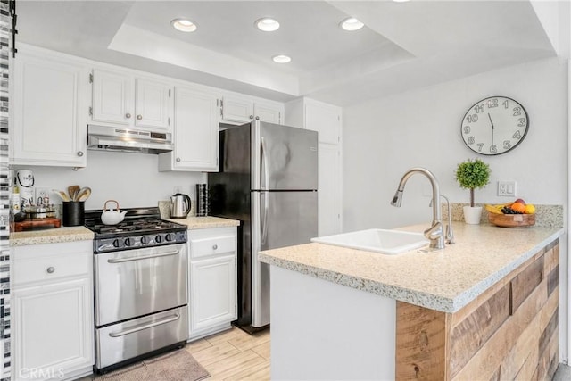 kitchen with stainless steel appliances, under cabinet range hood, a raised ceiling, a sink, and recessed lighting