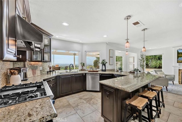 6142 E E W View Dr, Orange, CA 92869 - kitchen with a sink, appliances with stainless steel finishes, dark brown cabinetry, light stone counters, and tasteful backsplash