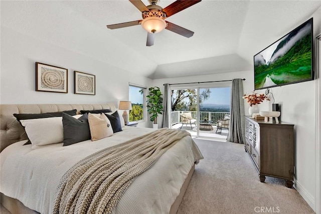 6142 E E W View Dr, Orange, CA 92869 - bedroom featuring carpet floors, access to outside, vaulted ceiling, and a ceiling fan