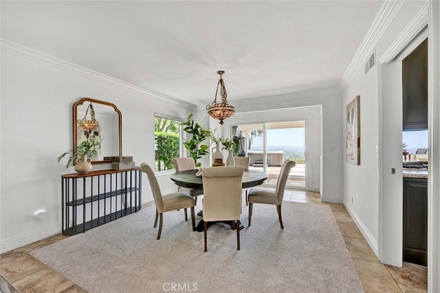 6142 E E W View Dr, Orange, CA 92869 - dining room featuring crown molding, a chandelier, and baseboards