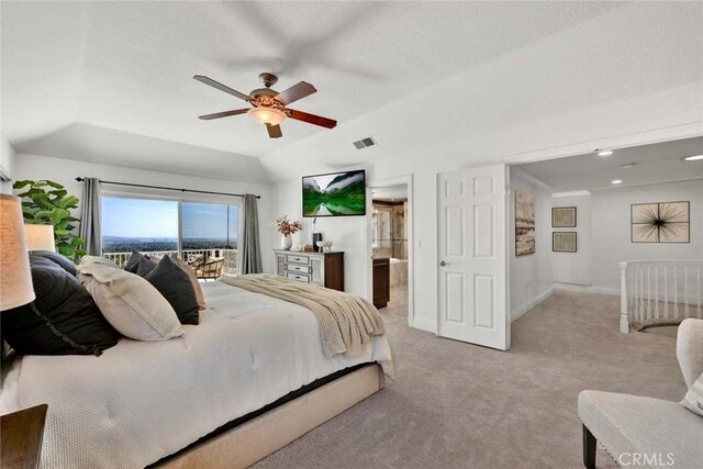 6142 E E W View Dr, Orange, CA 92869 - bedroom with carpet floors, access to outside, lofted ceiling, baseboards, and ensuite bathroom