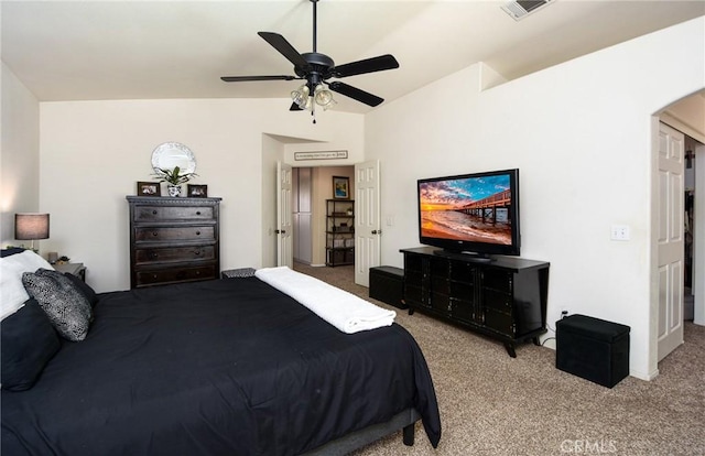 1065 Sycamore Ln, San Jacinto, CA 92582 - bedroom featuring carpet, arched walkways, ceiling fan, and lofted ceiling
