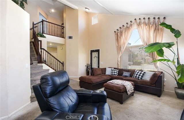 1065 Sycamore Ln, San Jacinto, CA 92582 - living room featuring carpet flooring, stairway, and baseboards
