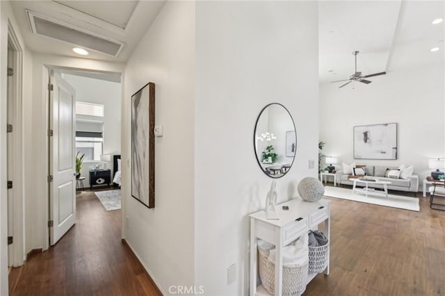 2205 Rockefeller Ln Unit B, Redondo Beach, CA 90278 - corridor featuring attic access, dark wood-style flooring, and recessed lighting