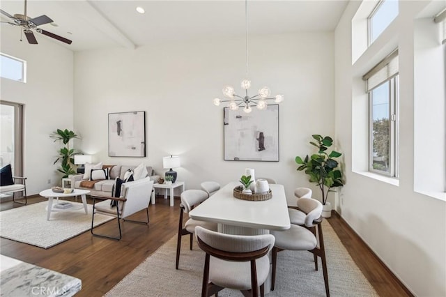 2205 Rockefeller Ln Unit B, Redondo Beach, CA 90278 - dining space featuring a high ceiling, wood finished floors, ceiling fan, a chandelier, and recessed lighting
