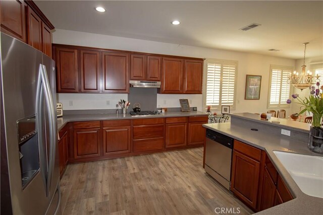 kitchen with appliances with stainless steel finishes, a chandelier, under cabinet range hood, a sink, and light wood-style flooring